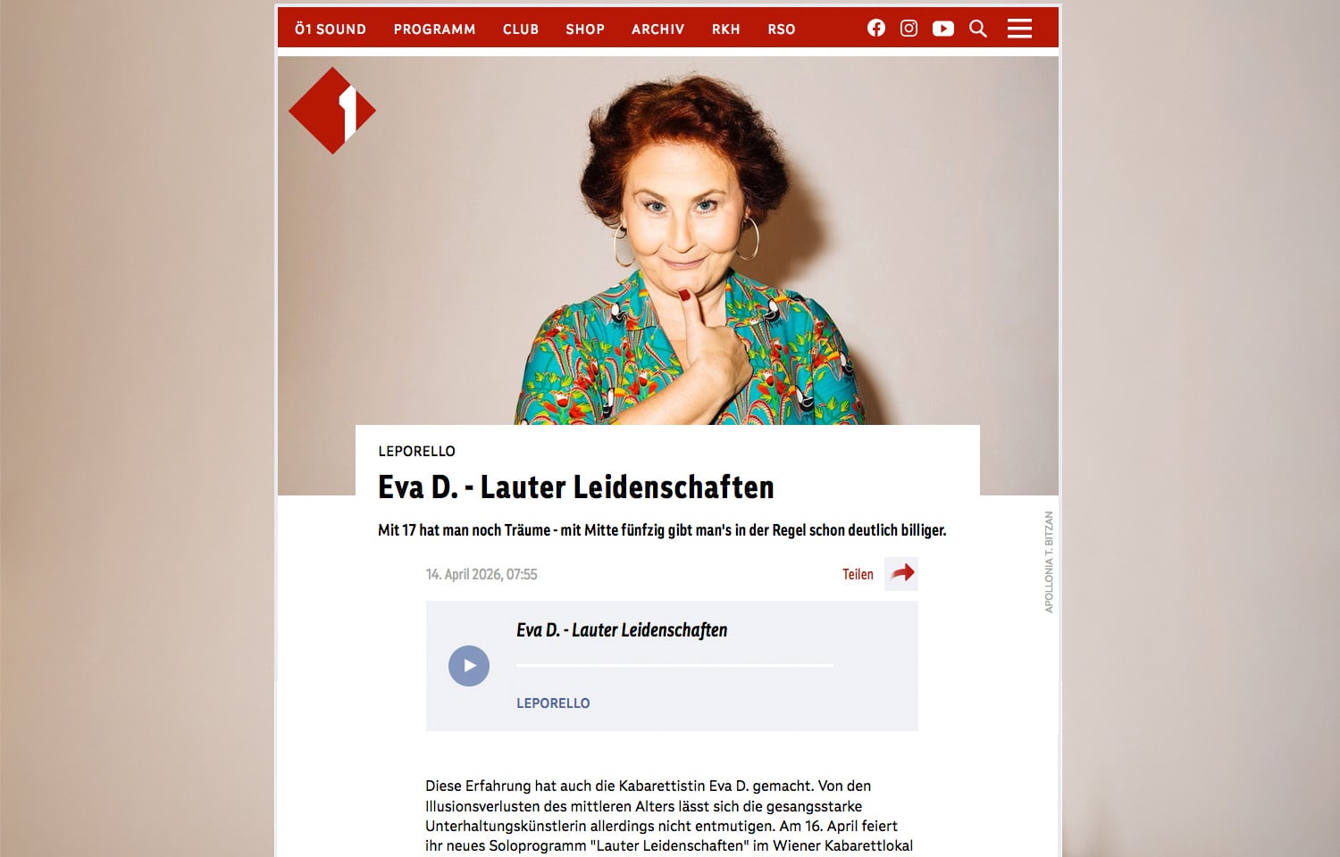 Eva D. im Ö1 Leporello am 14. April 2026 Eva D. im Ö1 Leporello am 14. April 2026